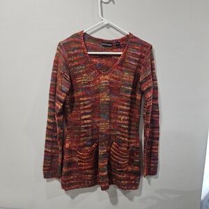 Kristen Nicole Colorful V Neck Knit Sweater With Front Pockets, Size Large